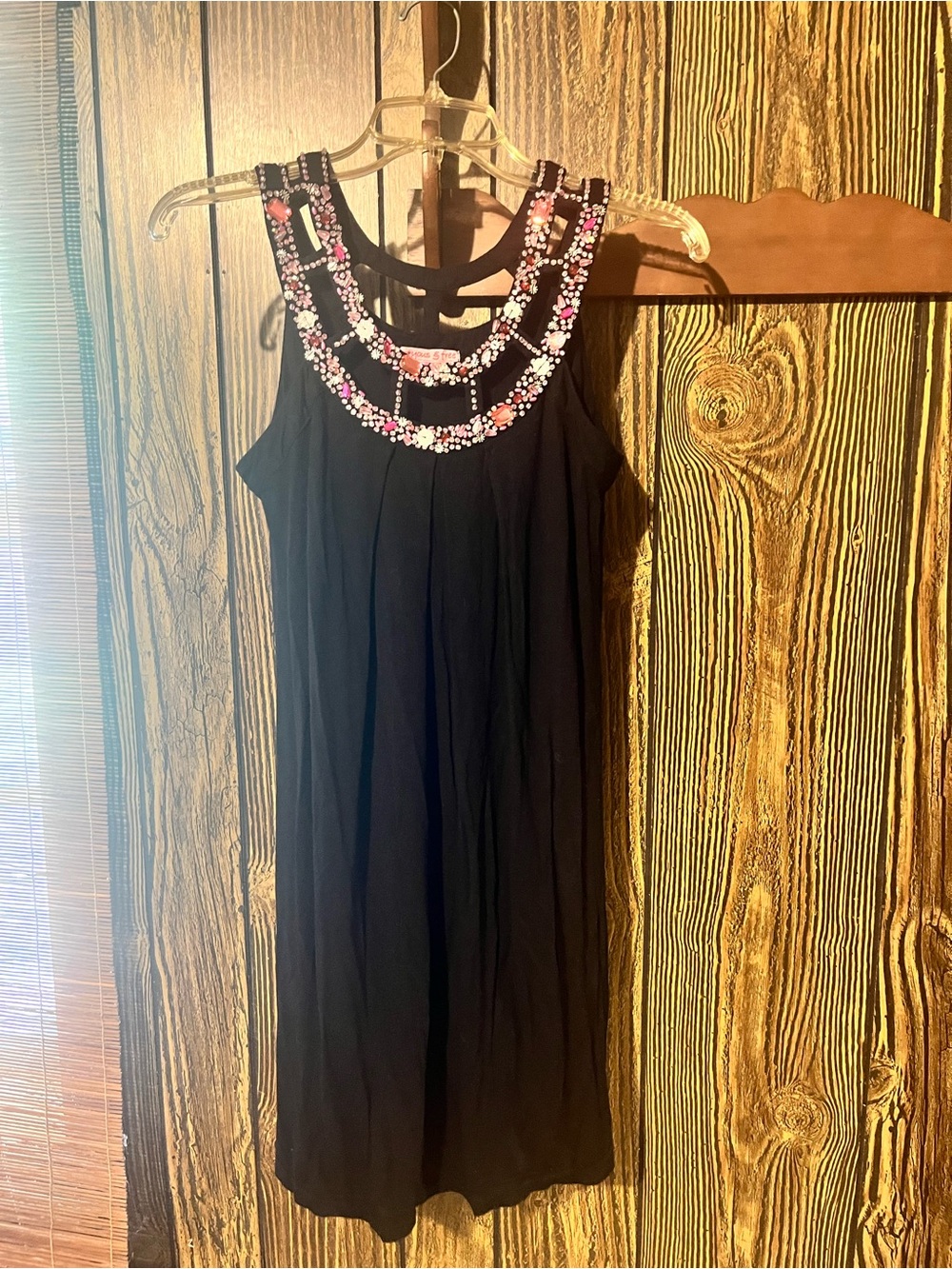 Sleeveless Black Midi Dress with Pink & White Beaded Neckline
